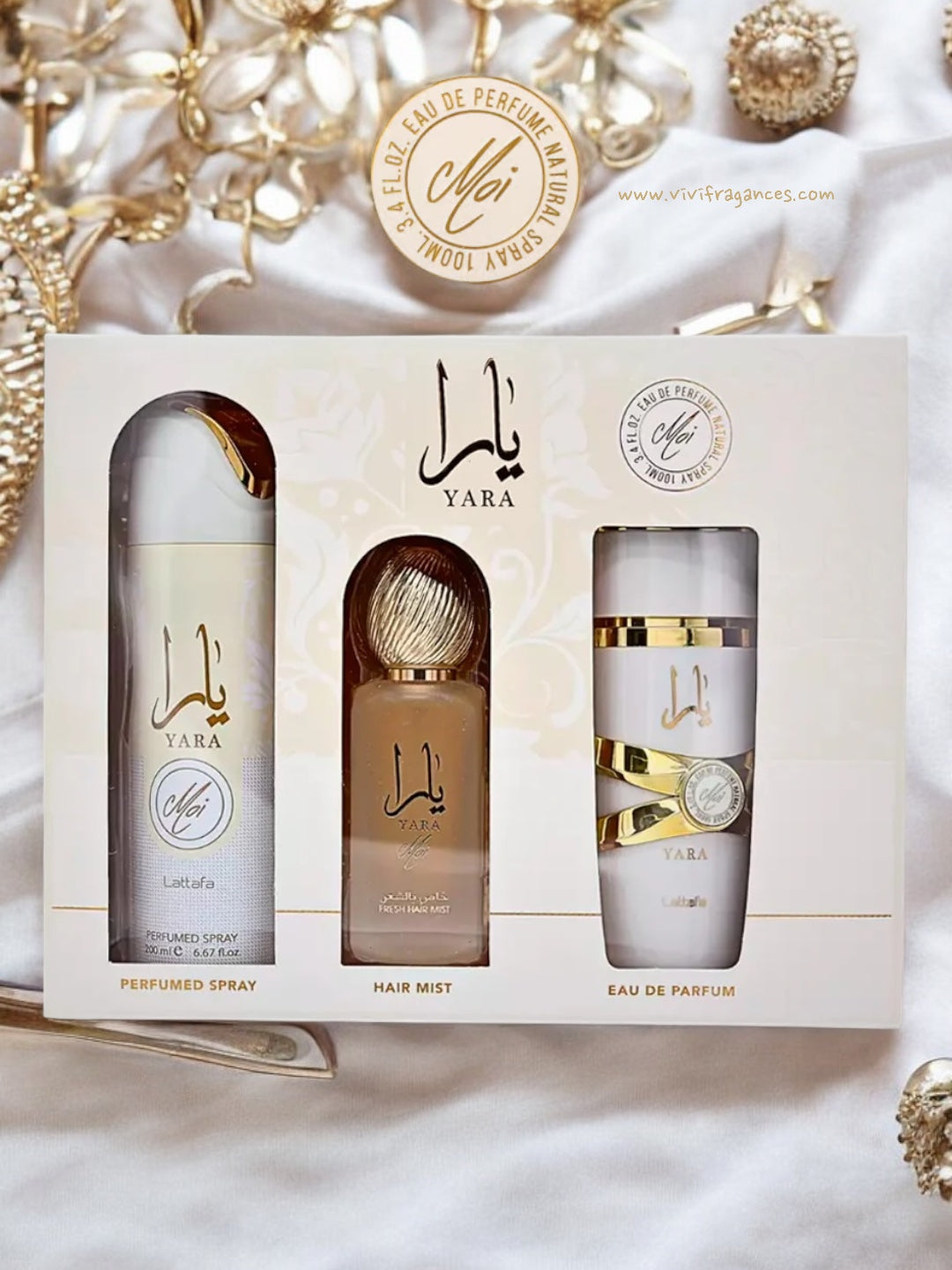 SET YARA Moi Collection Gift Set 3 pcs 3.4 Oz EDP + 1.7 Oz Hair Mist + 6.8 Oz Body Spray By Lattafa