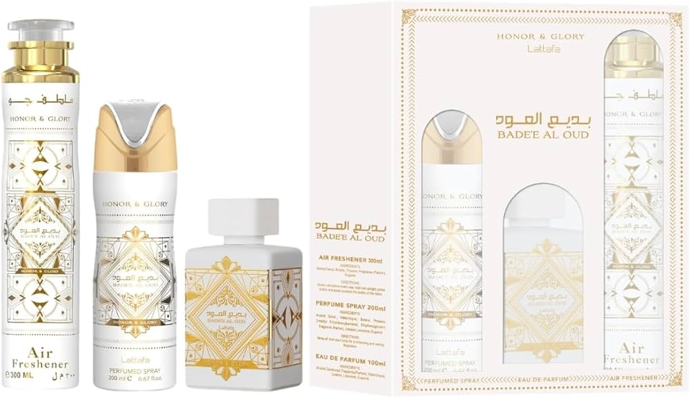 Lattafa Bade'e Al Oud Honor & Glory For Unisex Set de regalo de 3 piezas (3.4 onzas líquidas EDP + 6.67 onzas líquidas Deo + ambientador de 10.14 fl oz)